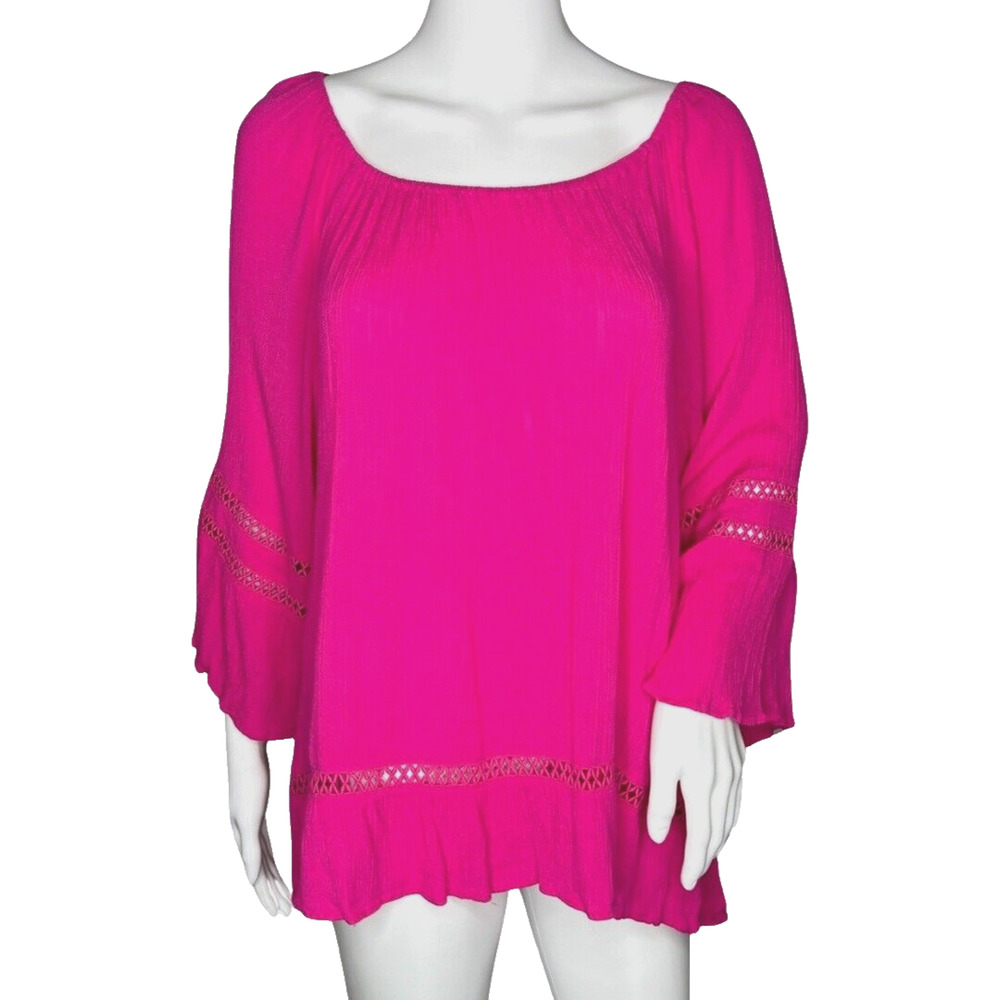 New Directions Shirt Womens XL Pink Crochet Trim Barbiecore Bohemain Peasant